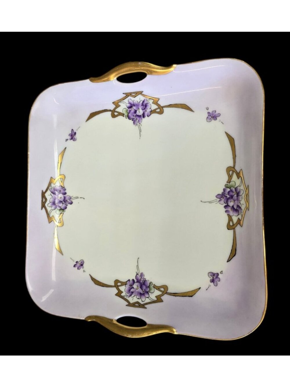Antique Poetsch Studio Bavaria Hand Painted Violets Gold Gilt Tray 9.5" Square